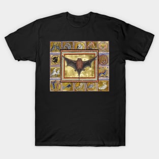 MEDIEVAL BESTIARY,BAT, FANTASTIC ANIMALS IN GOLD RED BLUE COLORS T-Shirt